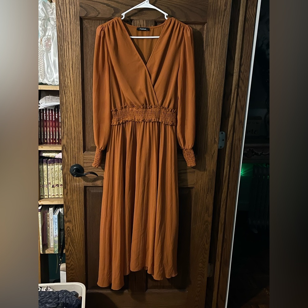 Fashion Nova Brown and Orange Midi Sundress with Bishop Sleeves